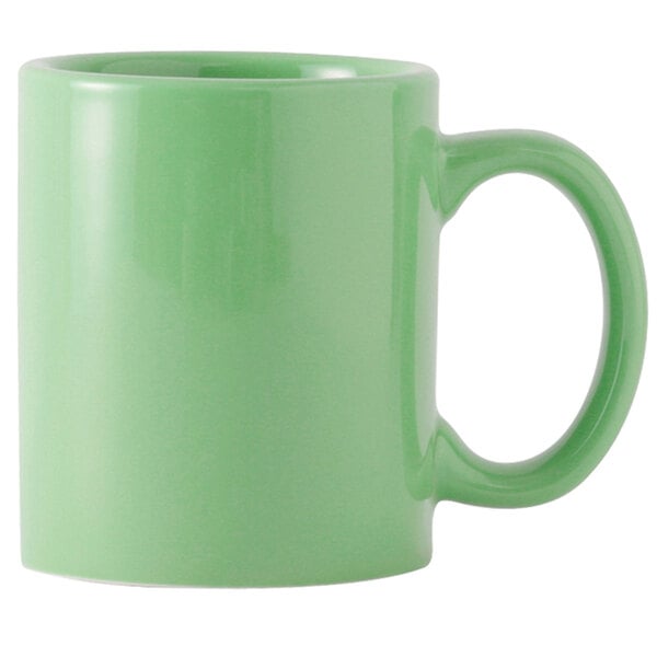 A green Tuxton C-handle mug.