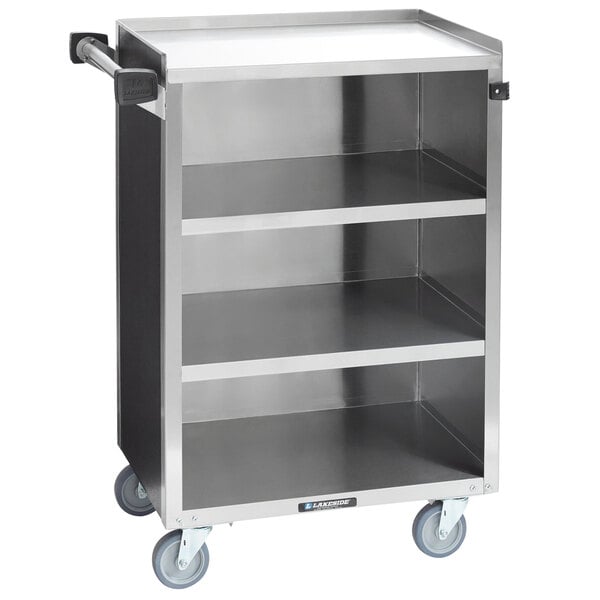 A Lakeside stainless steel utility cart with enclosed shelves.