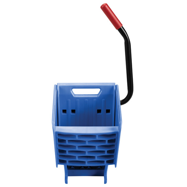 A blue plastic container with a black curved handle.