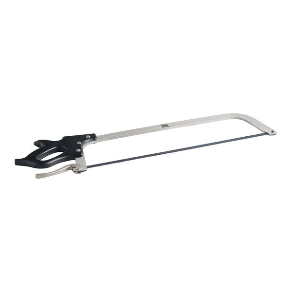 A 22-inch stainless steel butcher hand meat saw with a black handle.