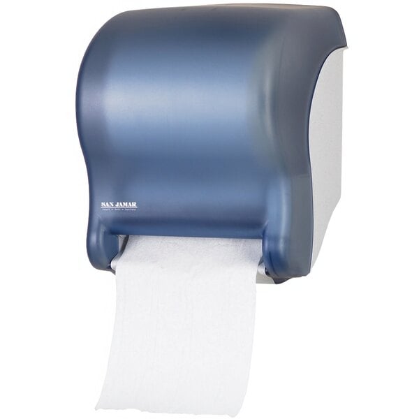 A blue and white San Jamar Tear-N-Dry paper towel dispenser.