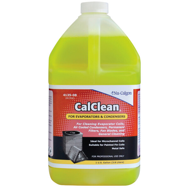 A yellow gallon container of Nu-Calgon CalClean liquid cleaner with a yellow label.