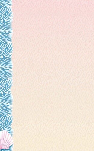 White menu paper with a blue and pink striped shell design border.