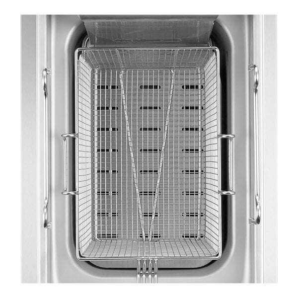 A stainless steel basket inside an empty Cooking Performance Group electric countertop fryer.