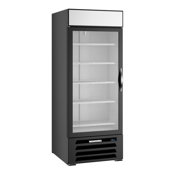 A black refrigerated glass door merchandiser with LED lighting and a left-hinged door.