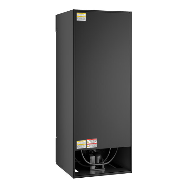 A black refrigerated glass door merchandiser with LED lighting and a left-hinged door.