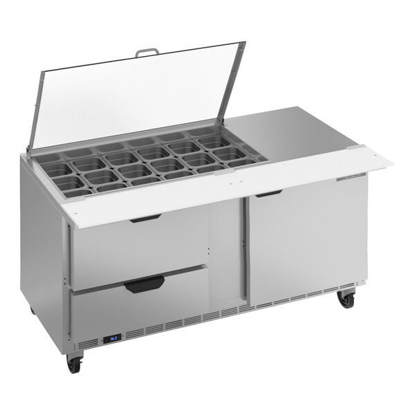 A Beverage-Air stainless steel refrigerated sandwich prep table with two drawers and a clear lid open.