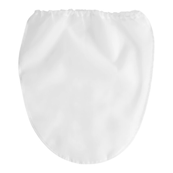 A white, oval-shaped fabric strainer with an elastic top edge.