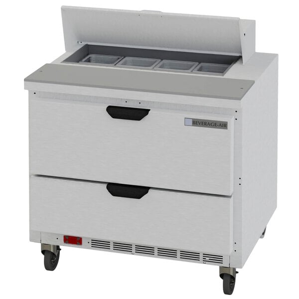 A white Beverage-Air refrigerator with 2 drawers.