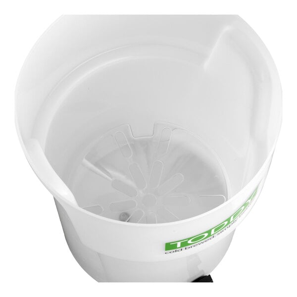 A large white plastic brewing container for commercial cold brew coffee, featuring an internal lift and spout.