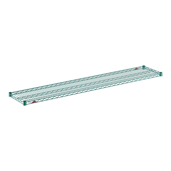 A long, rectangular wire shelf with a green finish, measuring 14 inches by 72 inches.