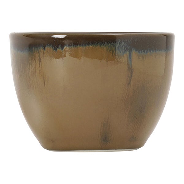 A brown and blue TuxTrendz Artisan Mojave bouillon cup with a white interior.