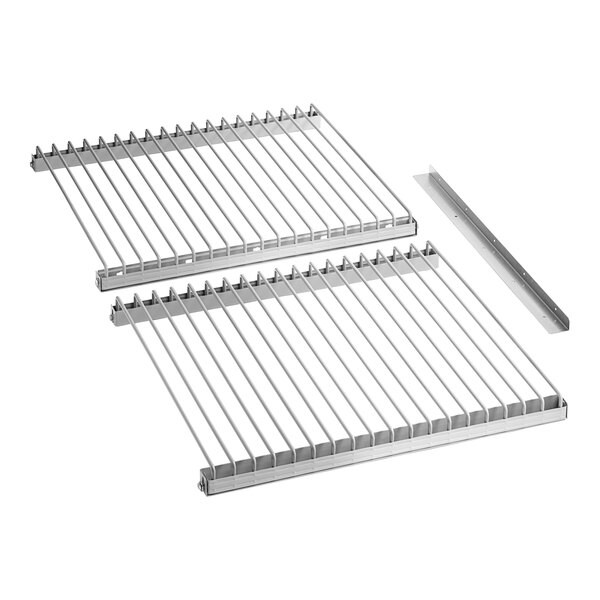 A pair of metal racks with a long metal bar.