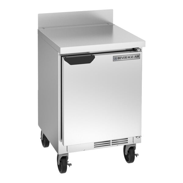 A silver Beverage-Air worktop refrigerator with a black handle on wheels.