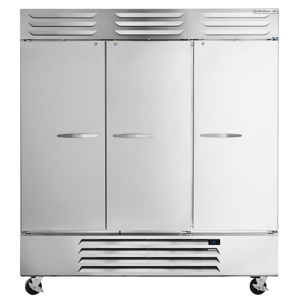 A white Beverage-Air reach-in freezer with three doors and silver handles.