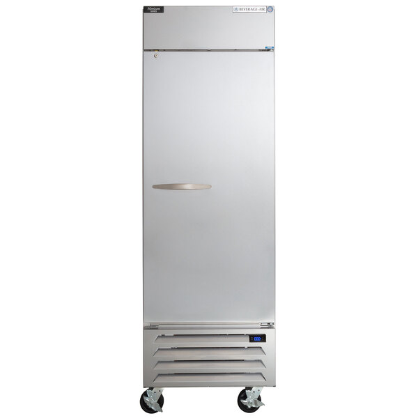 A silver Beverage-Air reach-in freezer with a white door and silver handle.