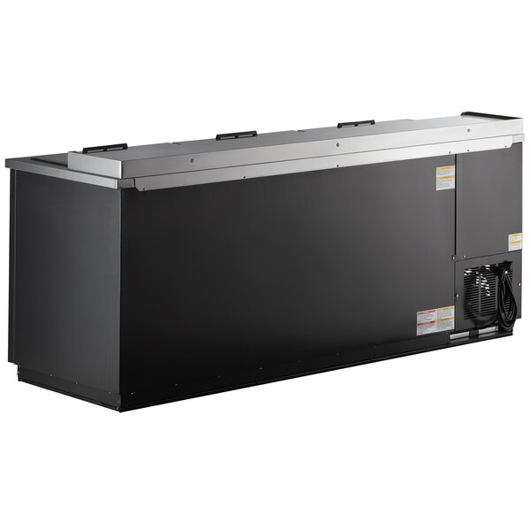 A black Beverage-Air bottle cooler with a silver top and a door on the side.