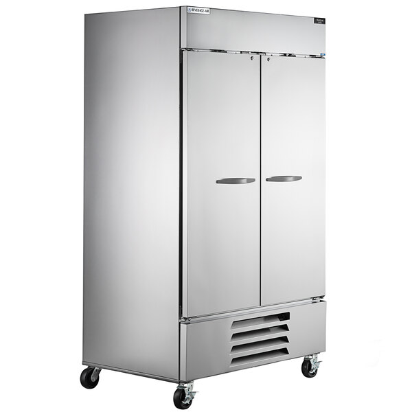 A stainless steel Beverage-Air reach-in freezer with 2 solid doors.