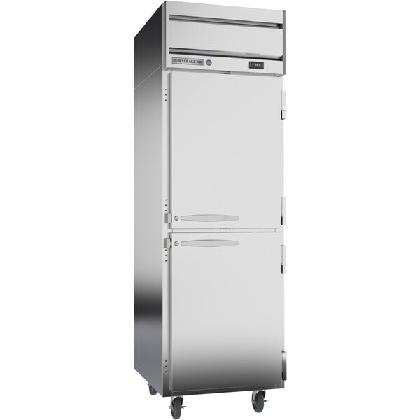 A white Beverage-Air reach-in refrigerator with one half solid door and wheels.