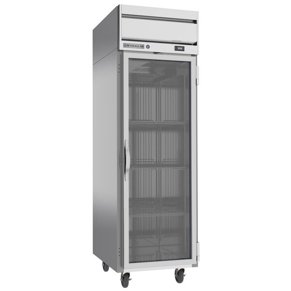 A stainless steel Beverage-Air reach-in refrigerator with glass doors.