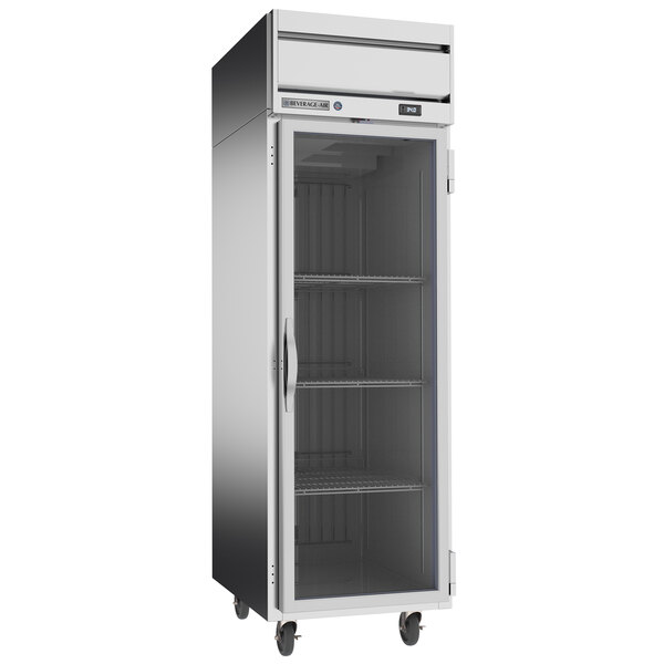 A Beverage-Air Horizon Series stainless steel reach-in refrigerator with glass doors.