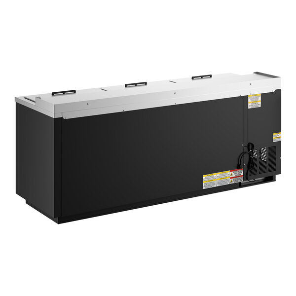 An 80-inch black deep well bottle cooler with a stainless steel top and sliding lids.