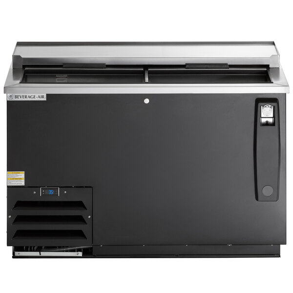 A black Beverage-Air deep well bottle cooler with a silver top and door open.