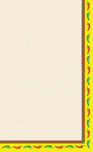 A white paper with a yellow and green border and red accents with a Mariachi design.