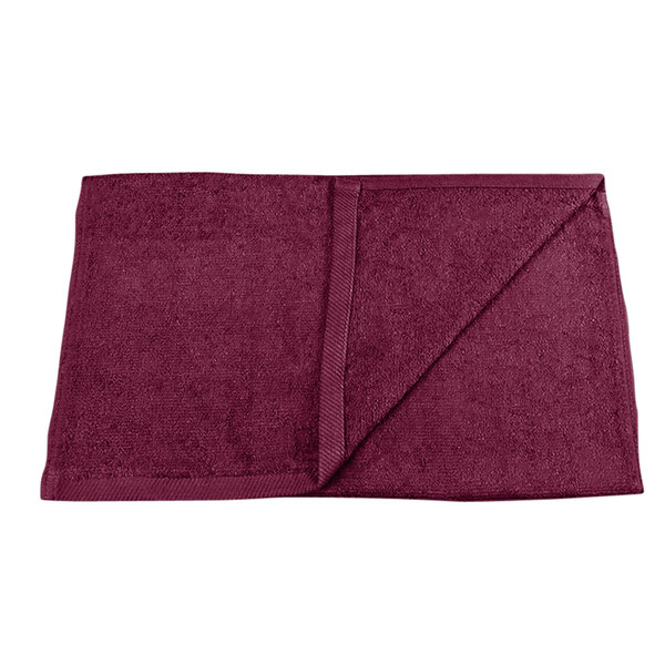 A folded burgundy Monarch Brands hand towel.