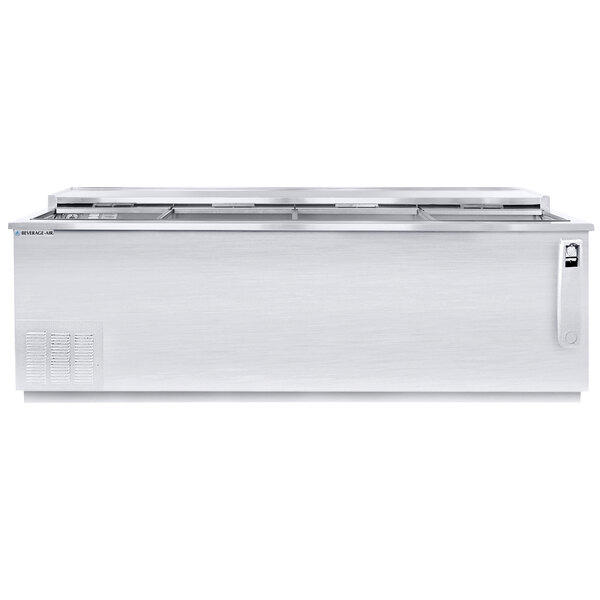 A Beverage-Air stainless steel deep well bottle cooler with a metal lid.