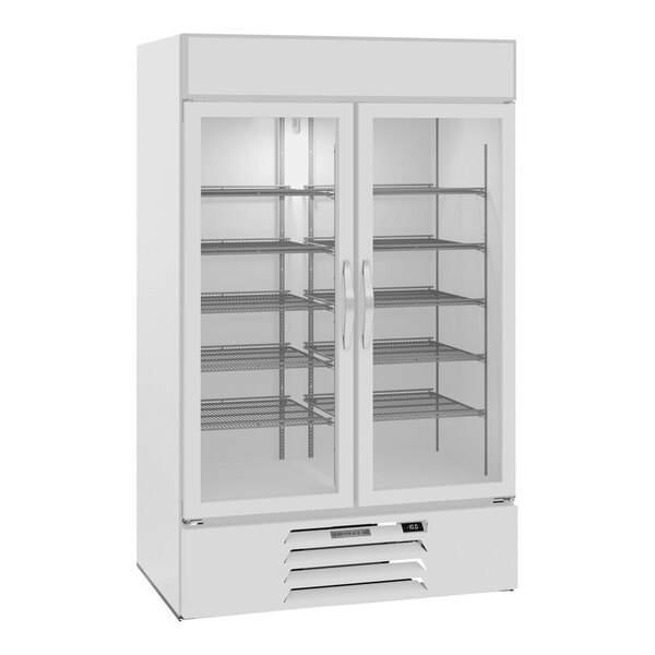 A white Beverage-Air MarketMax glass door merchandising freezer.