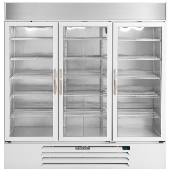 A white Beverage-Air glass door merchandiser freezer with three glass doors.