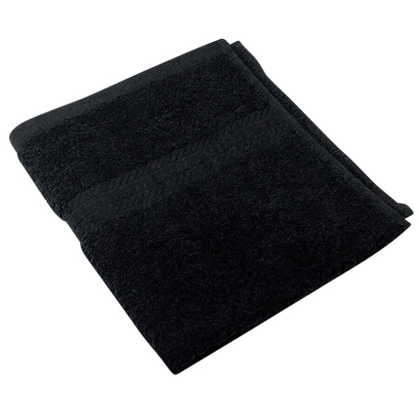 A folded black Monarch Brands hand towel on a white background.