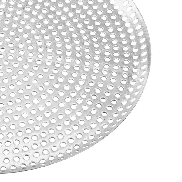 An American Metalcraft Mega Perforated Aluminum Pizza Pan with a metal surface and holes.
