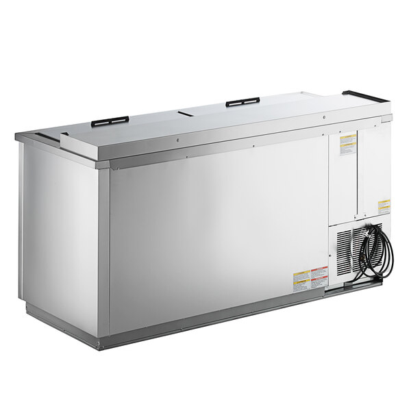 A stainless steel rectangular Beverage-Air bottle cooler with a lid open.