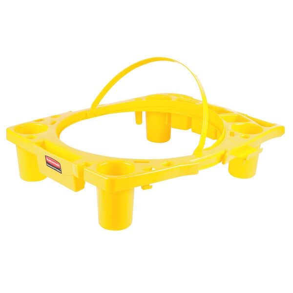 A yellow plastic Rubbermaid trash can with handles.