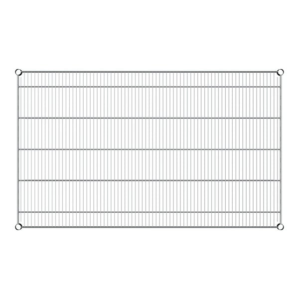 A close-up of a Regency chrome wire shelf grid.