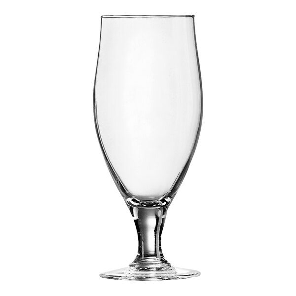 An Arcoroc stemmed pilsner glass with a clear bottom.
