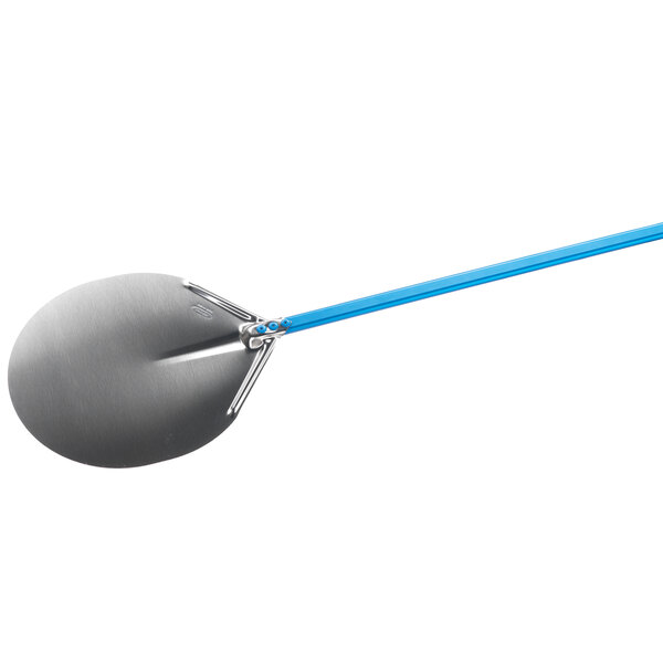 A GI Metal stainless steel pizza peel with a blue handle.