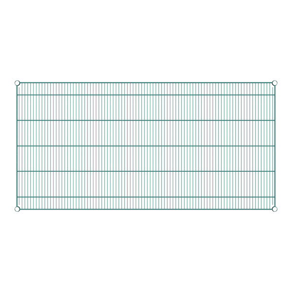 A close-up of the blue wire mesh on a Regency green epoxy wire shelf.