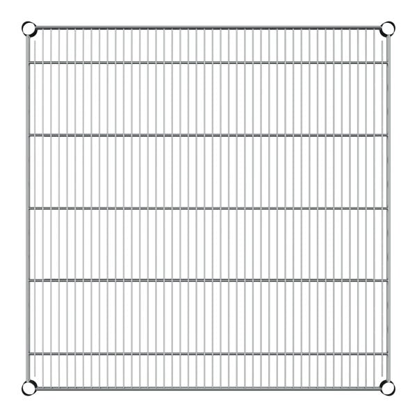 A close-up of a Regency chrome wire shelf grid.