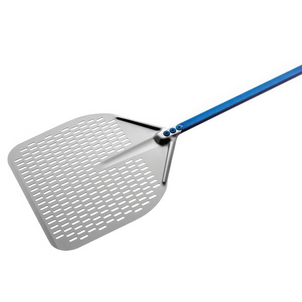 A silver and blue metal pizza peel with a square perforated blade and a long blue handle.