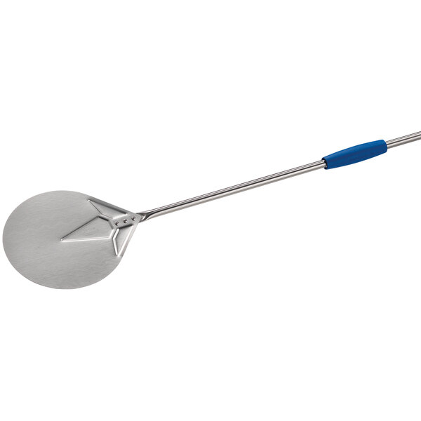 A silver metal round pizza peel with a long handle.