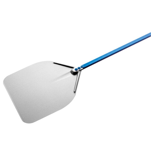 A blue and silver anodized aluminum square pizza peel with a long handle.