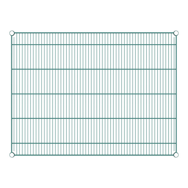 A close-up of a green Regency wire shelf with wire mesh and holes.