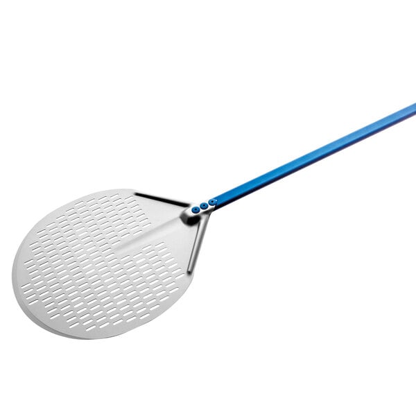 A silver and blue pizza peel with a blue handle.