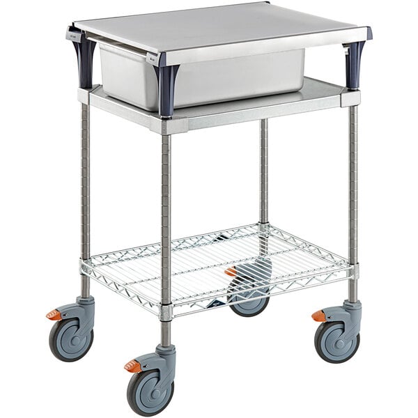 A silver Metro PrepMate multistation on wheels.