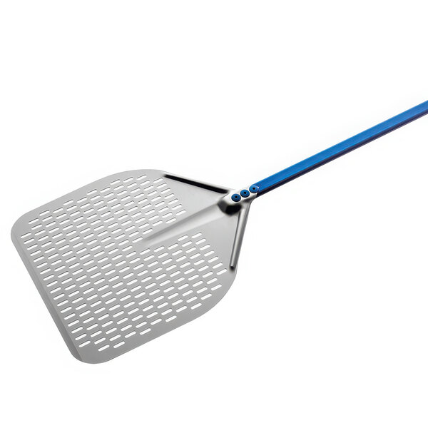 A silver and blue GI Metal square perforated pizza peel.