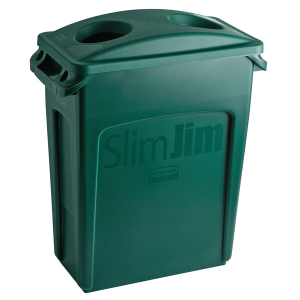 A green Rubbermaid Slim Jim rectangular plastic trash can with a lid.