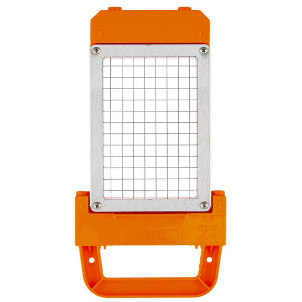 an orange and silver device with a grid on it